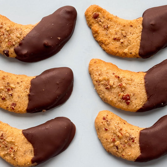 Molly's Chocolate Dipped Pecan Crescent Cookies